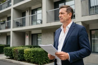 Propriétaire non-occupant examinant son immeuble locatif avant de souscrire une assurance PNO