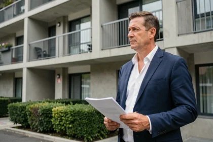 Propriétaire non-occupant examinant son immeuble locatif avant de souscrire une assurance PNO