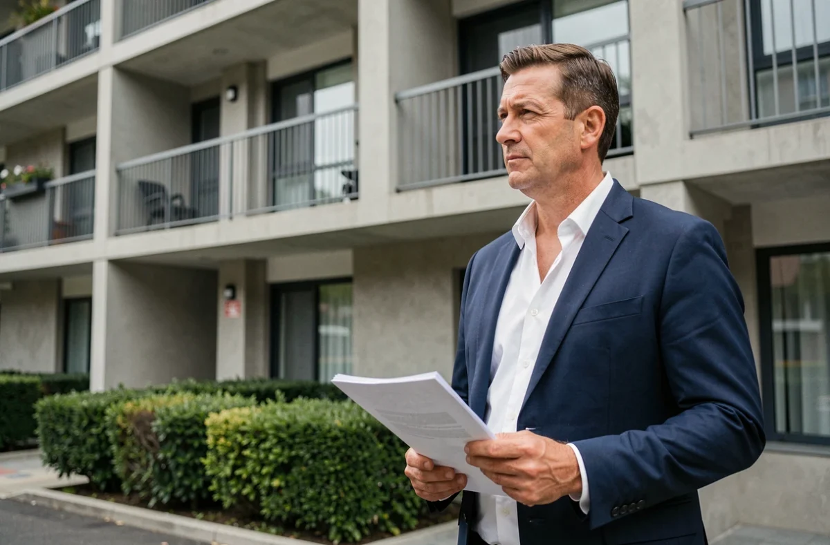 Propriétaire non-occupant examinant son immeuble locatif avant de souscrire une assurance PNO
