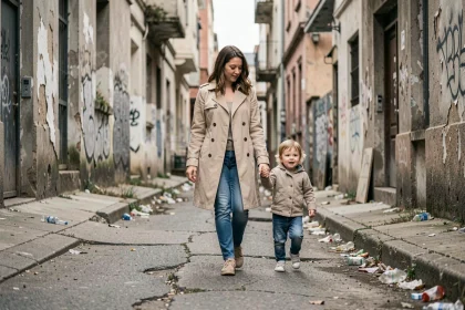 Mère tenant la main de son jeune enfant dans un quartier dégradé de Brive-la-Gaillarde, trottoir fissuré et immeubles vétustes en arrière-plan