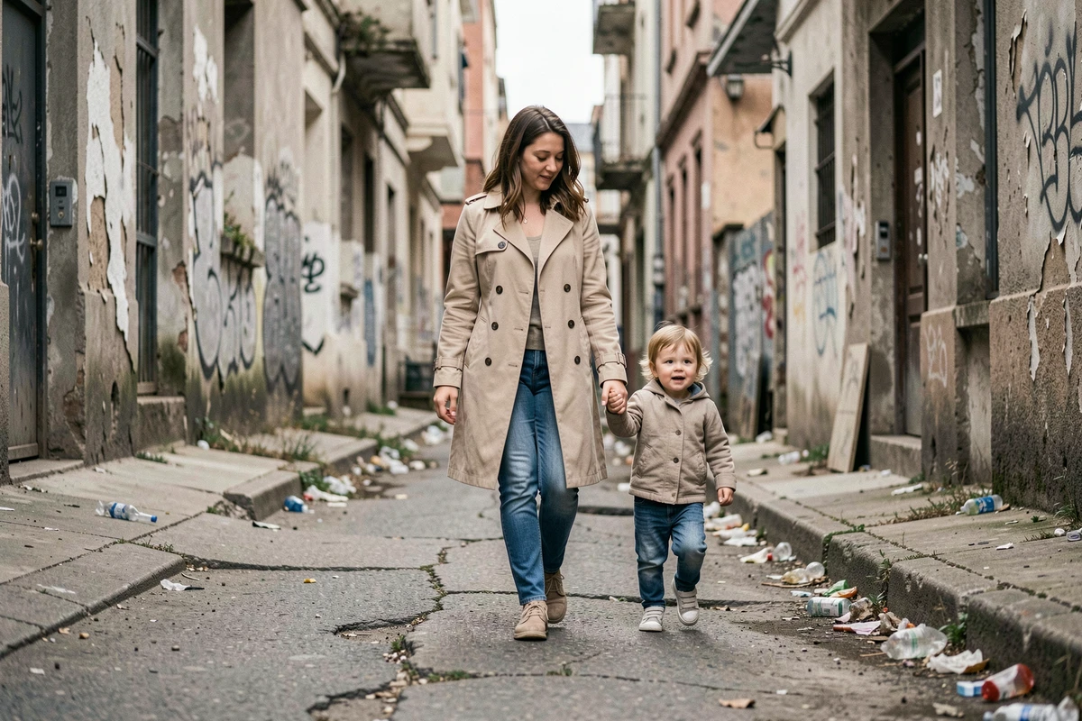 Mère tenant la main de son jeune enfant dans un quartier dégradé de Brive-la-Gaillarde, trottoir fissuré et immeubles vétustes en arrière-plan