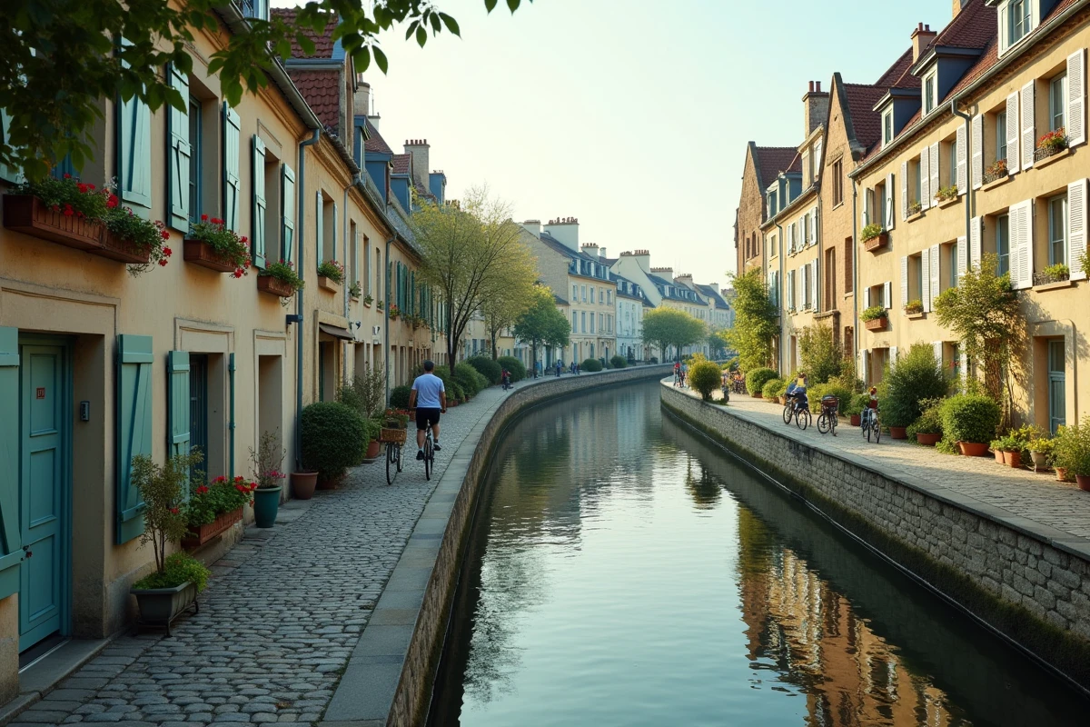Vue panoramique d'un quartier en bord de Marne avec maisons de ville et quai pavé à Nogent-sur-Marne
