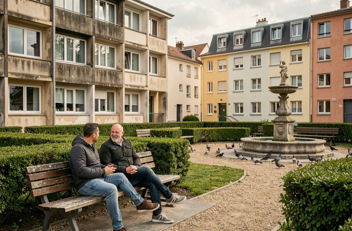 Place publique dans un quartier populaire de Maison-Alfort avec habitants et immeubles en arrière-plan