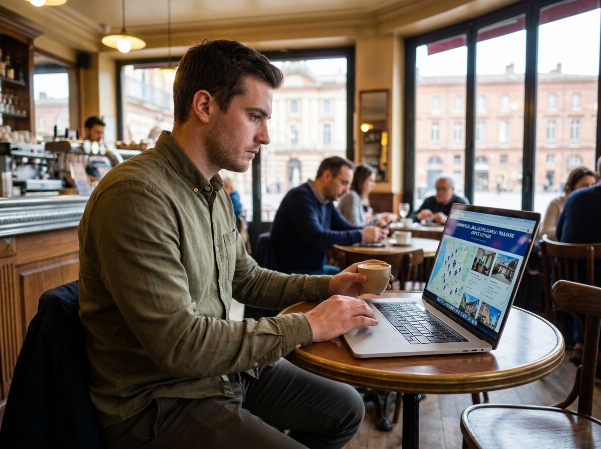 Jeune entrepreneur recherchant des bureaux à louer à Toulouse sur un ordinateur portable dans un café