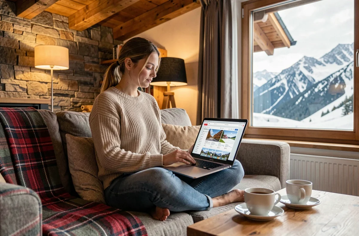 Jeune femme recherchant une location au meilleur tarif à Les Menuires depuis un appartement de montagne