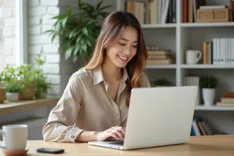 Femme cherchant un logement sur une application immobilière depuis son bureau à domicile