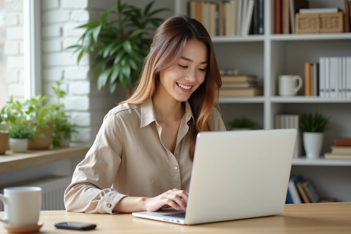Femme cherchant un logement sur une application immobilière depuis son bureau à domicile