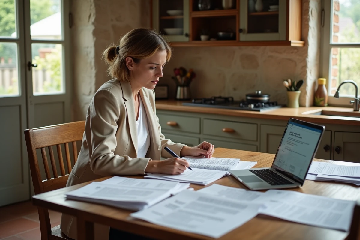 Femme consultant des documents d'urbanisme pour préparer un recours contre une déclaration préalable de travaux du voisinage