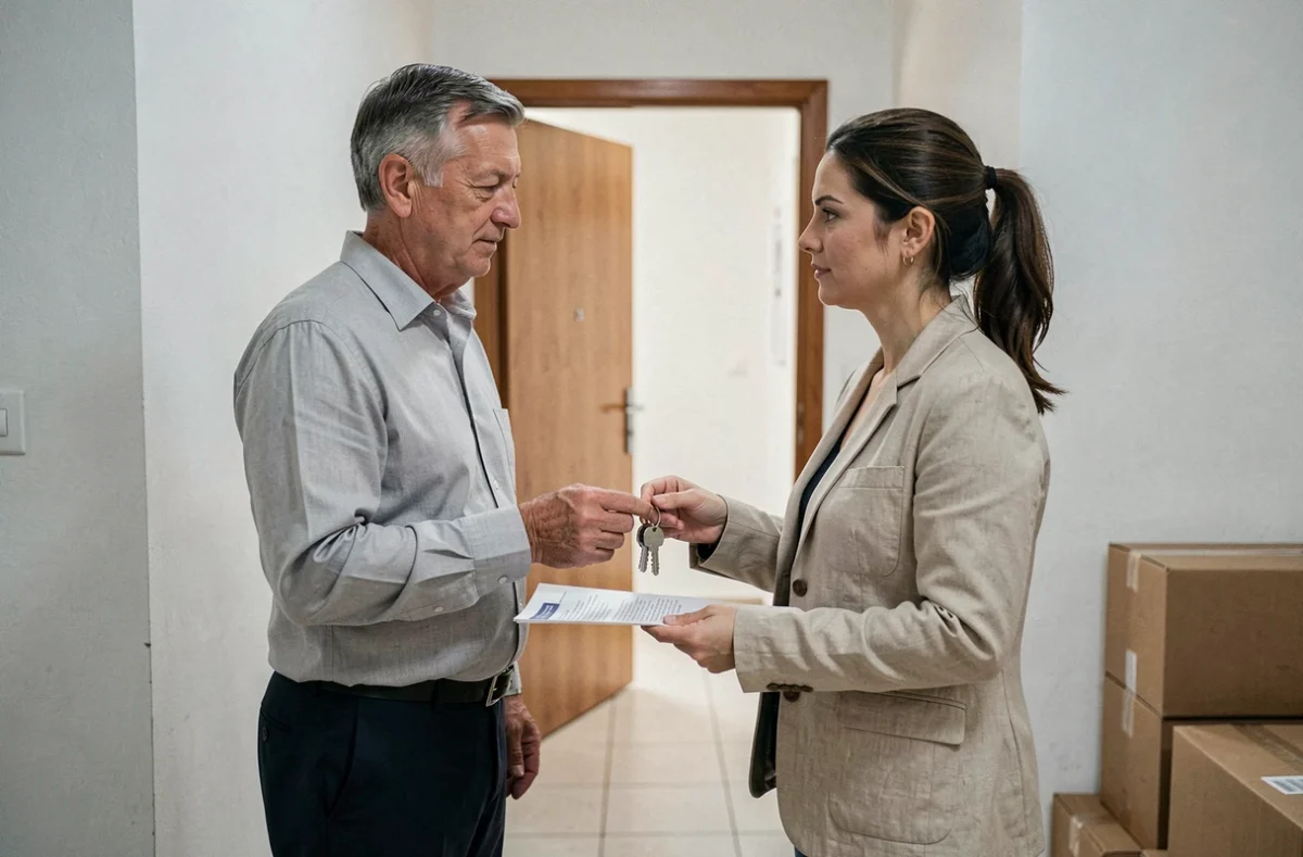Remise de clés entre deux personnes avec signature d'un document officiel dans le couloir d'un appartement résidentiel