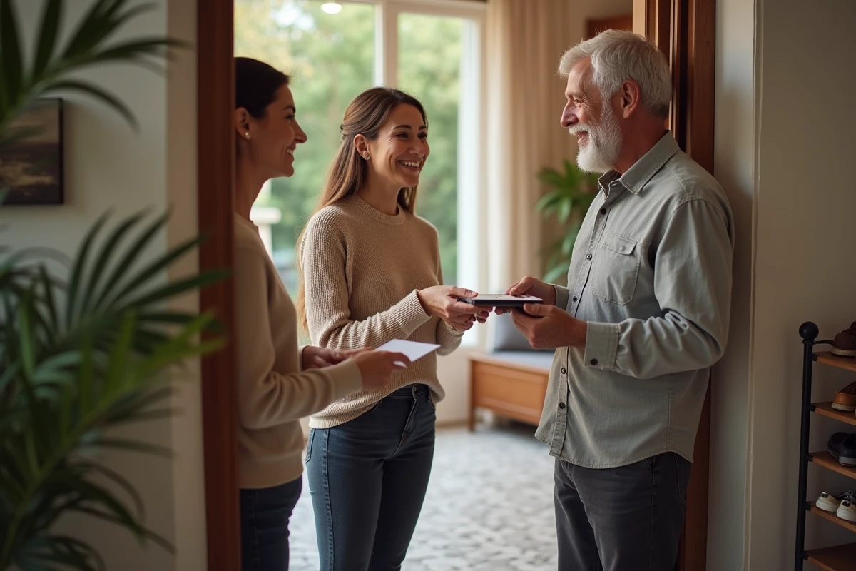 Jeune femme remet des clés à un couple dans l entree