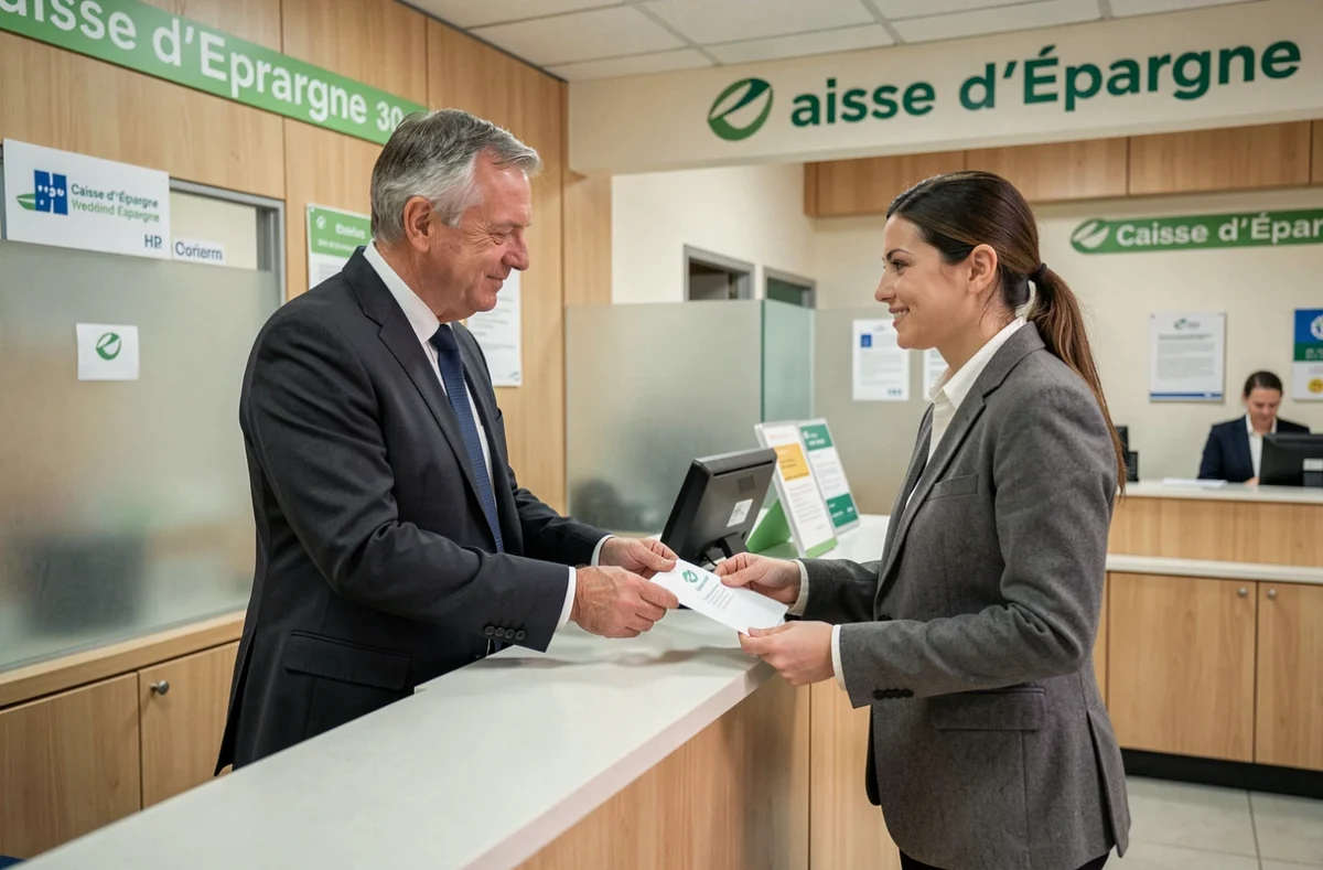 Client remettant une lettre de résiliation d'assurance à un conseiller de la Caisse d'Épargne