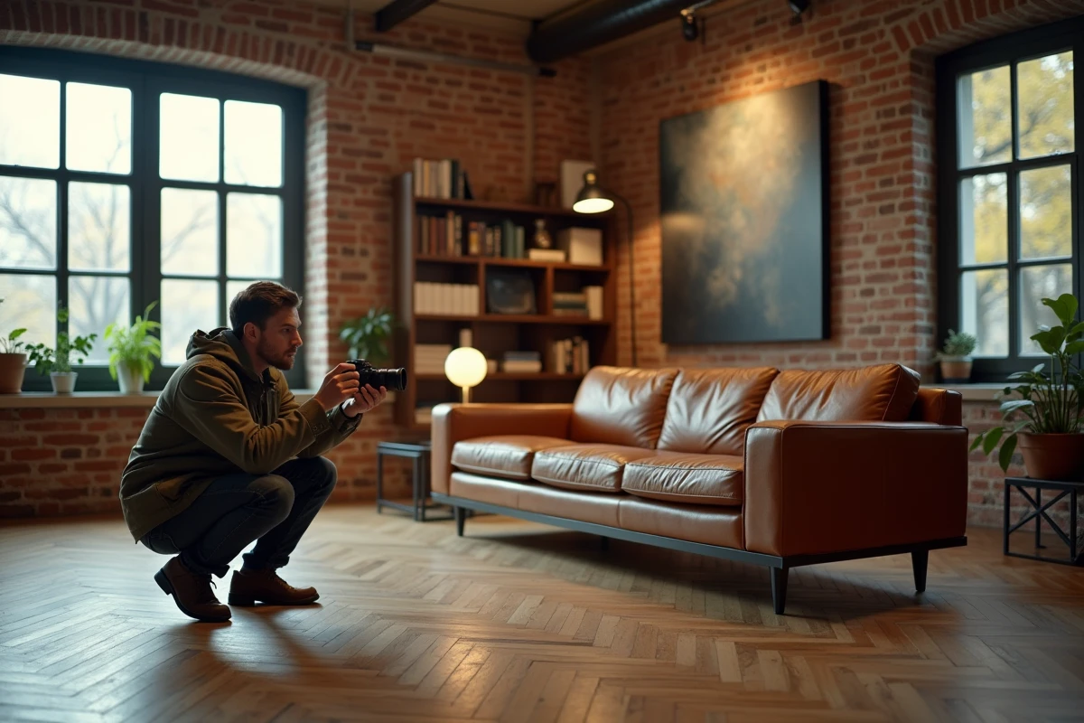 Repéreur de lieux de tournage photographiant le salon vintage d'une maison louée pour la production cinématographique