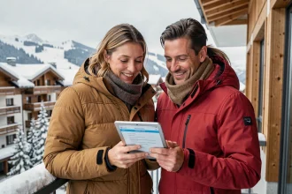 Couple consultant une réservation d'appartement sur tablette depuis le balcon enneigé d'une résidence à Les Menuires