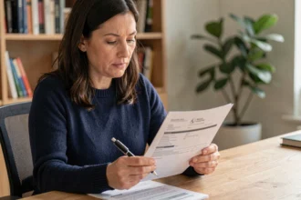 Femme lisant un contrat d'assurance habitation avant de le résilier à la Caisse d'Épargne
