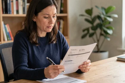 Femme lisant un contrat d'assurance habitation avant de le résilier à la Caisse d'Épargne