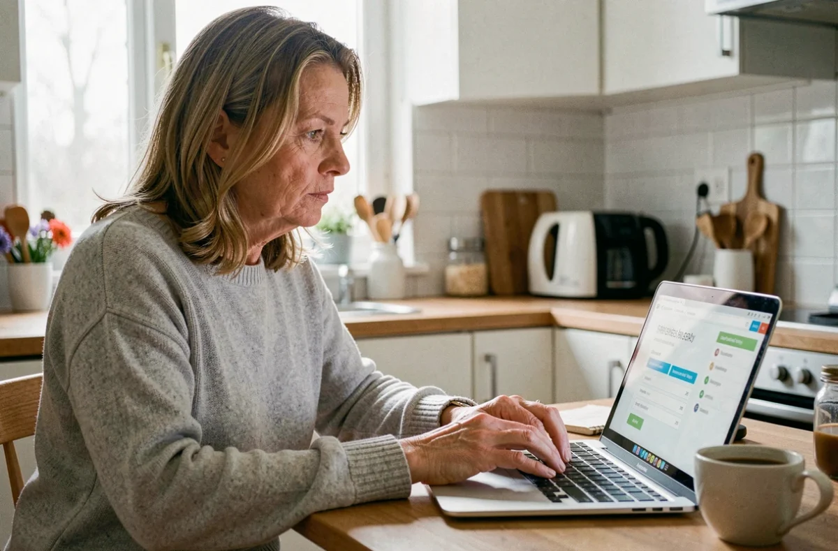 Femme résiliant son assurance habitation en ligne depuis son domicile sur un ordinateur portable