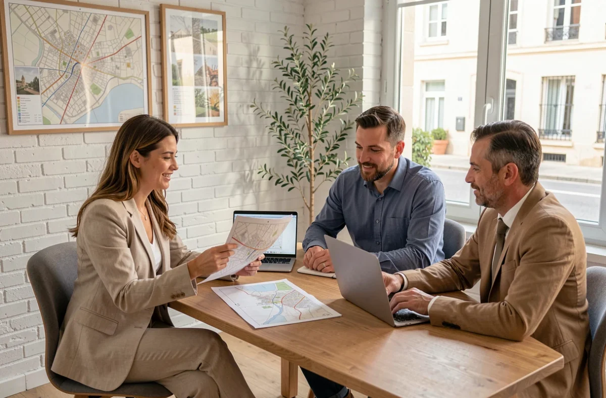 Conseillère immobilière présentant les meilleurs arrondissements de Marseille pour investir à un couple d'acheteurs en agence