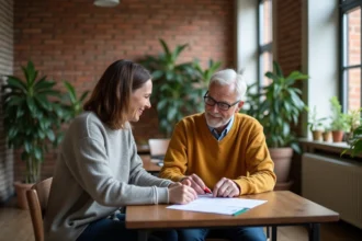 Deux personnes âgées discutent dans un salon convivial
