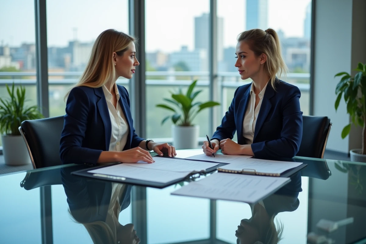 Femme d'affaires et agent immobilier révisant les diagnostics annexés à un bail commercial en agence