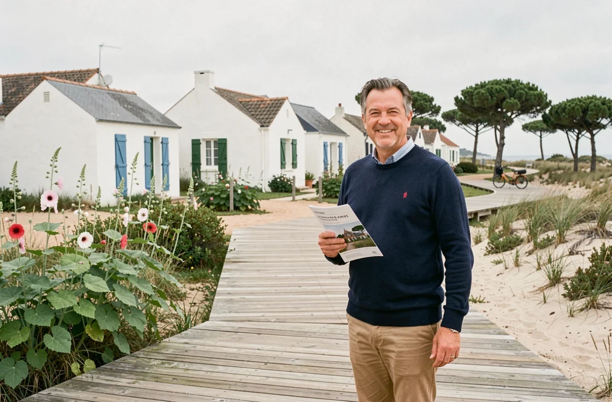 Richard Bourget, agent Optimhome, sur une promenade en bois du Bois-Plage-en-Ré avec maisons blanches aux volets colorés