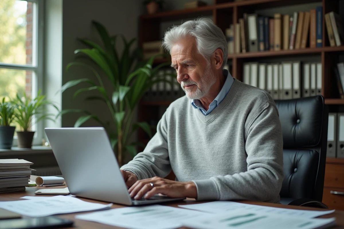 Un homme senior analyse un simulateur viager sur Excel à son bureau à domicile