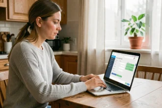 Femme faisant une simulation d'assurance habitation en ligne sur son ordinateur portable dans une cuisine moderne
