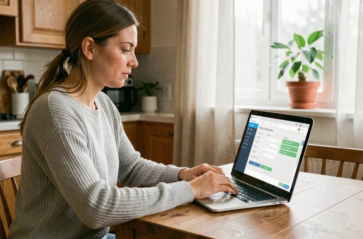 Femme faisant une simulation d'assurance habitation en ligne sur son ordinateur portable dans une cuisine moderne