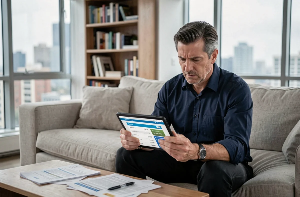 Homme consultant une simulation d'assurance habitation sur une tablette dans un salon contemporain