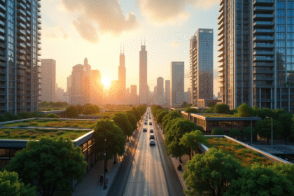 Ciel de ville moderne au lever du soleil avec gratte-ciel et jardins