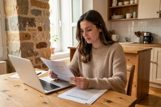 Femme consultant des documents d'assurance habitation sur une table en bois dans un appartement lyonnais moderne