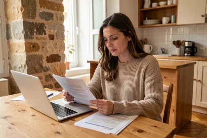 Femme consultant des documents d'assurance habitation sur une table en bois dans un appartement lyonnais moderne