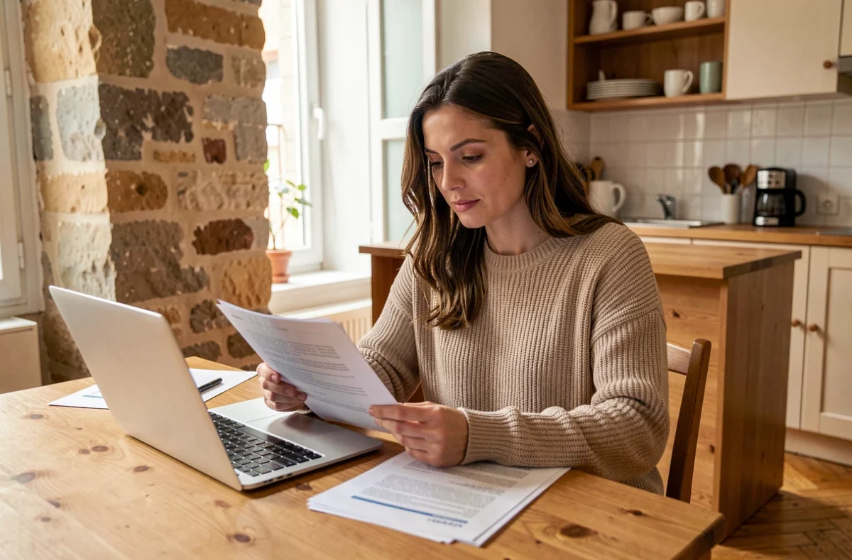 Femme consultant des documents d'assurance habitation sur une table en bois dans un appartement lyonnais moderne