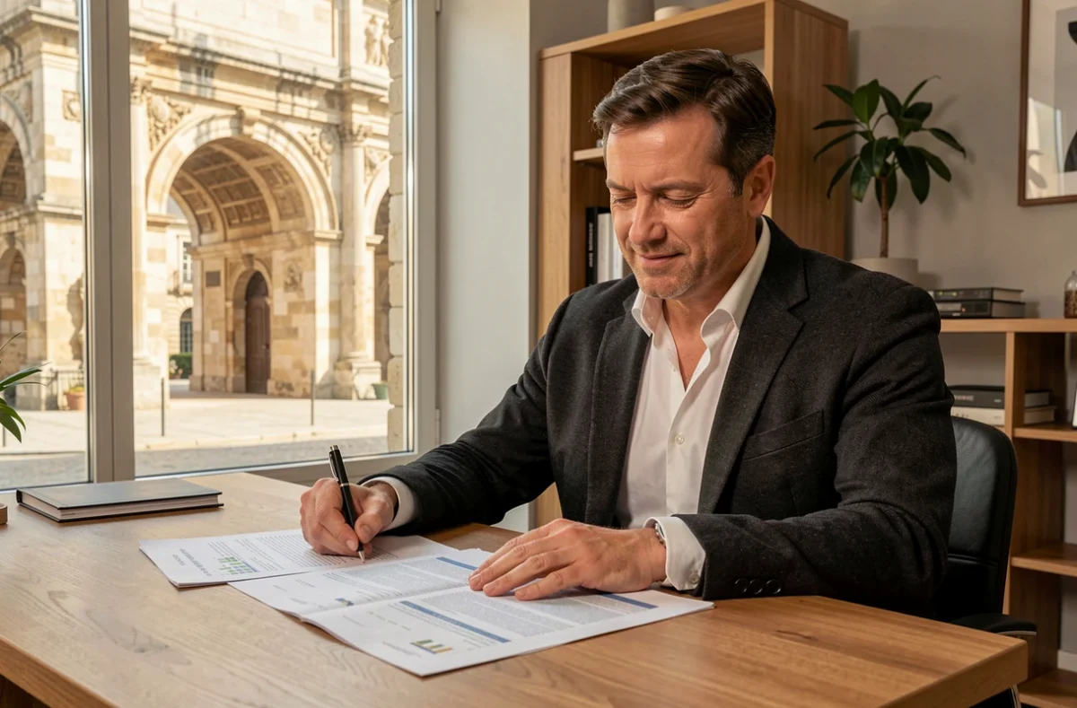 Agent Square Habitat Saintes dans son bureau avec l'arc de Germanicus romain visible par la fenêtre