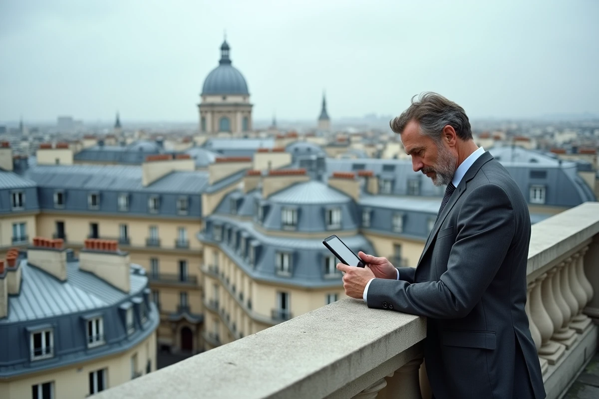 Vue panoramique sur les toits haussmanniens de Paris depuis une terrasse d'immeuble de luxe, illustrant le marché immobilier des arrondissements les plus aisés de Paris