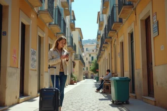 Touriste hésitante dans une ruelle dégradée de Marseille avec valise et téléphone à la main