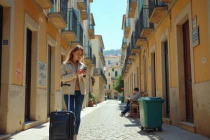 Touriste hésitante dans une ruelle dégradée de Marseille avec valise et téléphone à la main