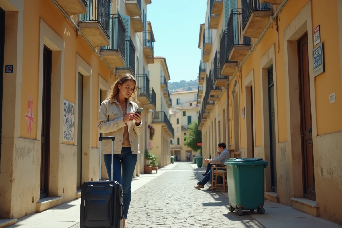 Touriste hésitante dans une ruelle dégradée de Marseille avec valise et téléphone à la main