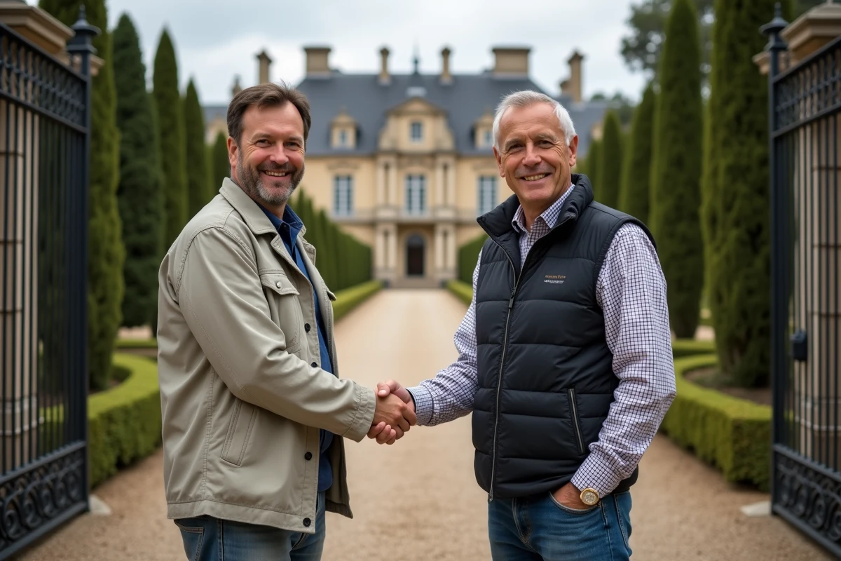 Poignée de main entre vendeur et acheteur devant un château viticole à Bordeaux