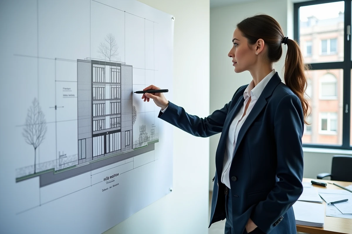 Urbaniste présentant une coupe façade de bâtiment résidentiel sur un mur d'agence d'urbanisme