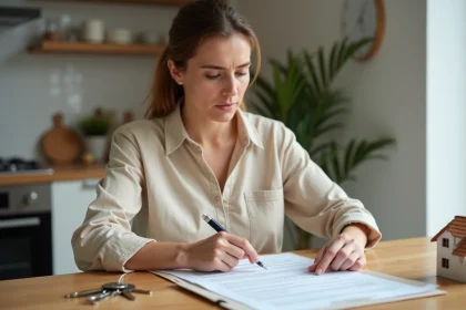 Femme vérifiant attentivement un contrat de location de maison avec jardin pour éviter les arnaques