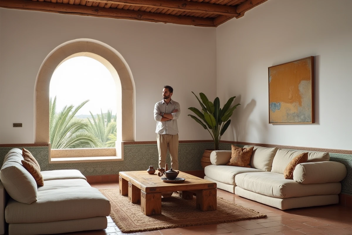 Intérieur d'une villa en location longue durée à Essaouira avec décoration marocaine traditionnelle et grande fenêtre cintrée