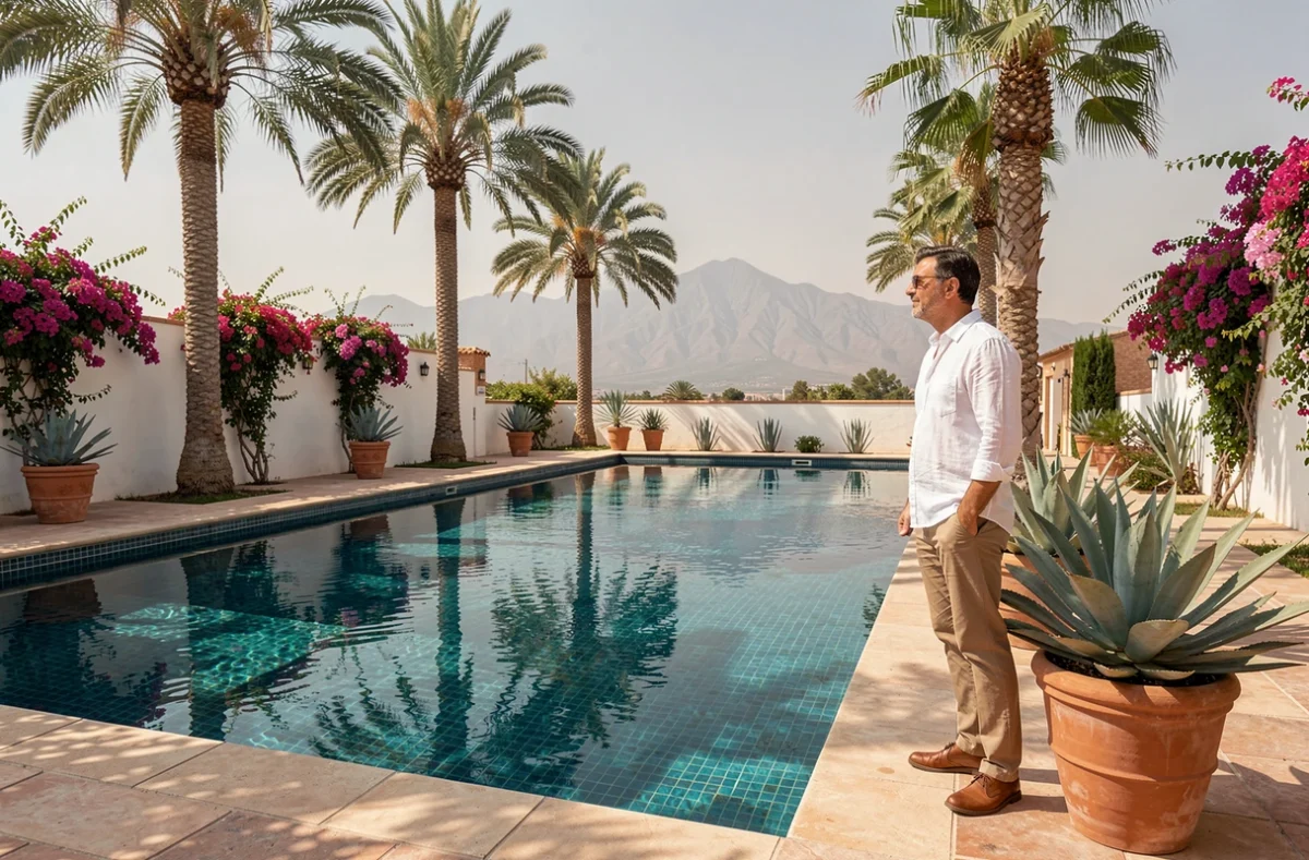 Homme contemplant la piscine et les palmiers d'une villa de luxe en Palmeraie de Marrakech avec vue sur l'Atlas