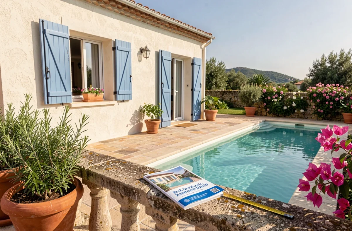 Villa avec piscine à vendre à Porto-Vecchio en Corse du Sud avec terrasse et volets bleus