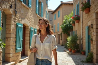 Rue pavée d'un village médiéval de l'Aude avec façades en pierre et volets colorés