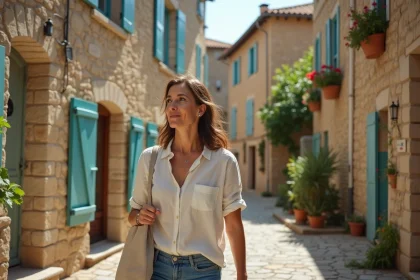 Rue pavée d'un village médiéval de l'Aude avec façades en pierre et volets colorés