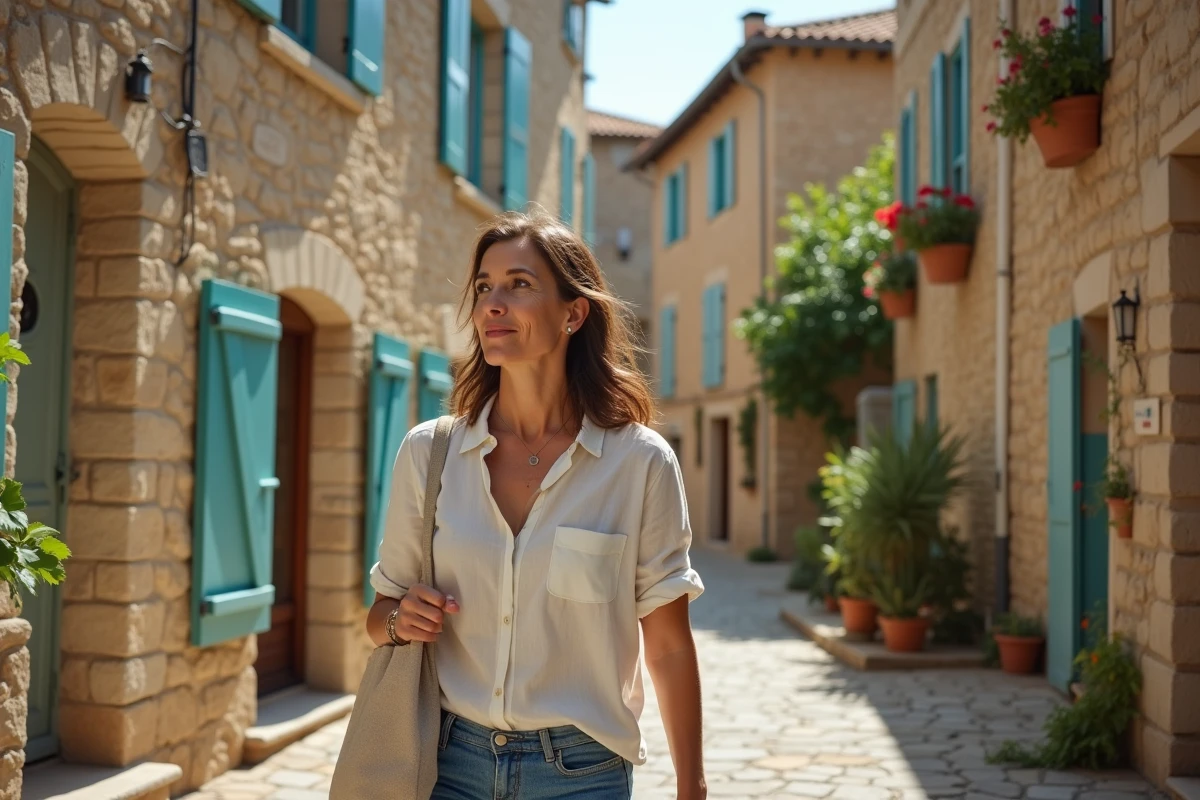 Rue pavée d'un village médiéval de l'Aude avec façades en pierre et volets colorés