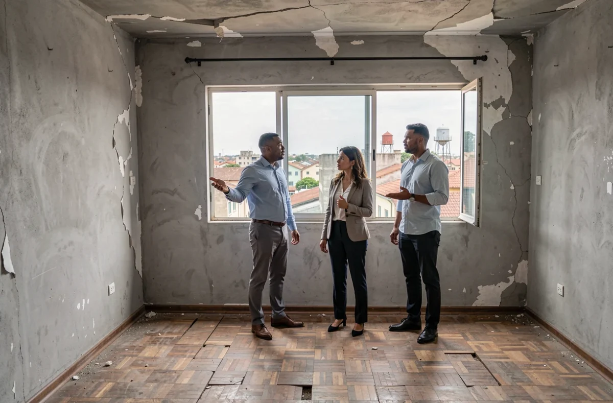 Couple visitant un appartement vide en mauvais état à Dakar accompagné d'un agent immobilier, illustrant l'importance d'inspecter le logement avant la signature
