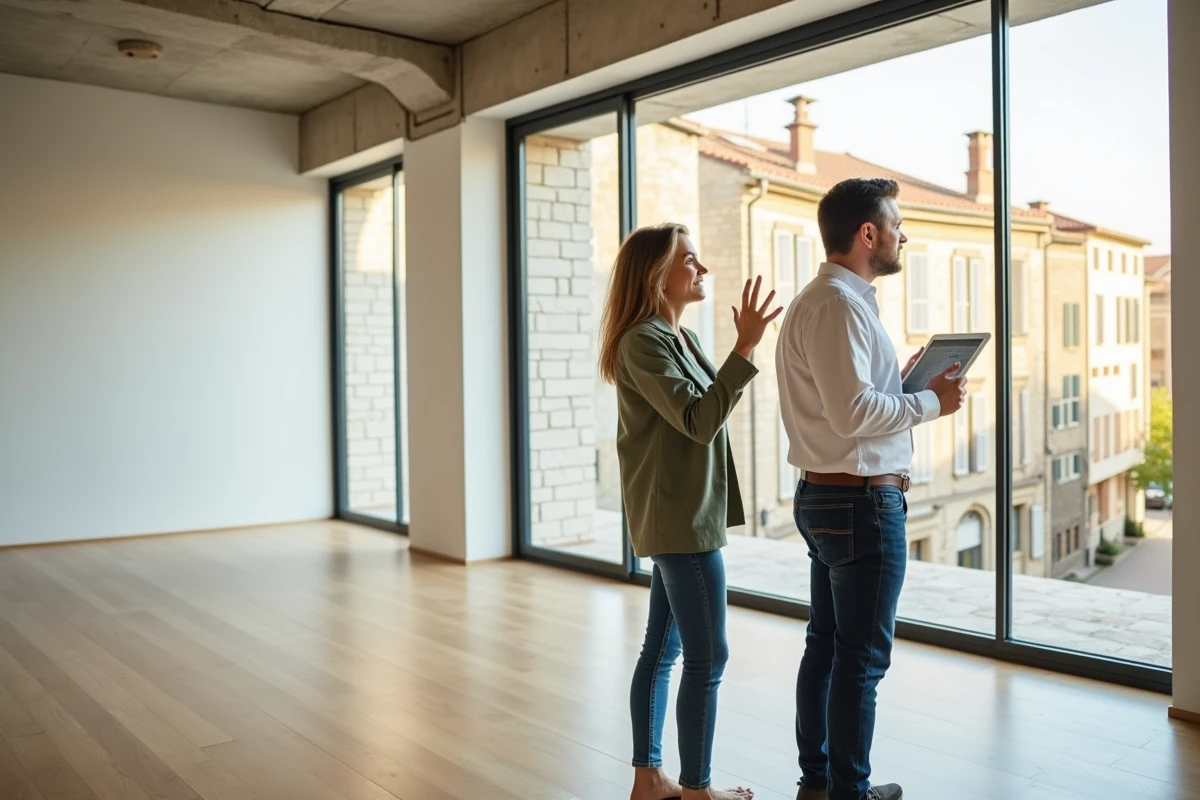 Couple visitant un appartement vide avec vue sur une ville française des Pyrénées lors d'une visite immobilière