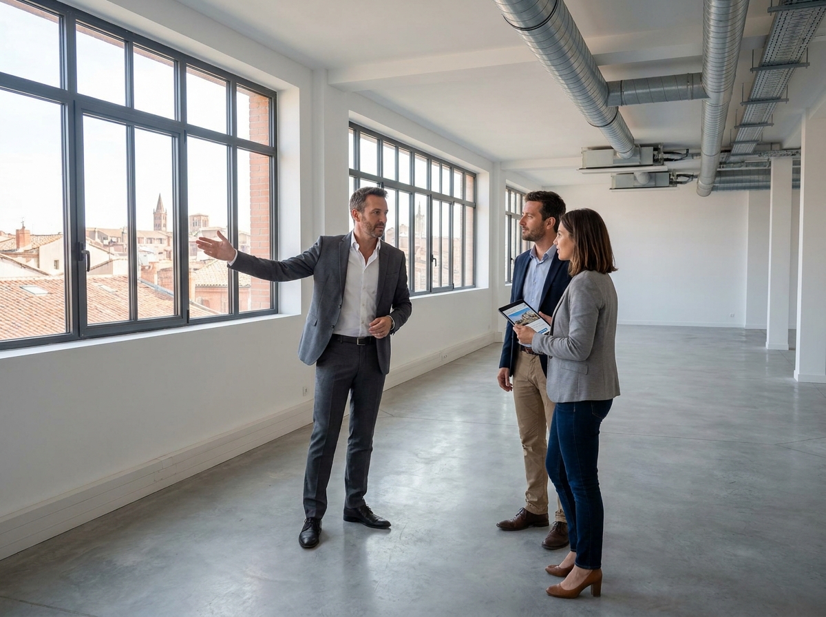 Agent immobilier faisant visiter un bureau vide disponible à la location à Toulouse à deux professionnels