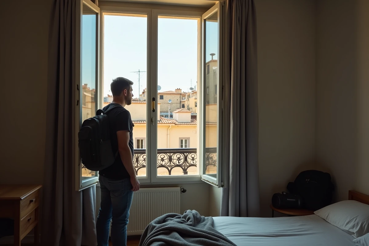 Voyageur regardant par la fenêtre d'un Airbnb marseillais vers un quartier urbain dense